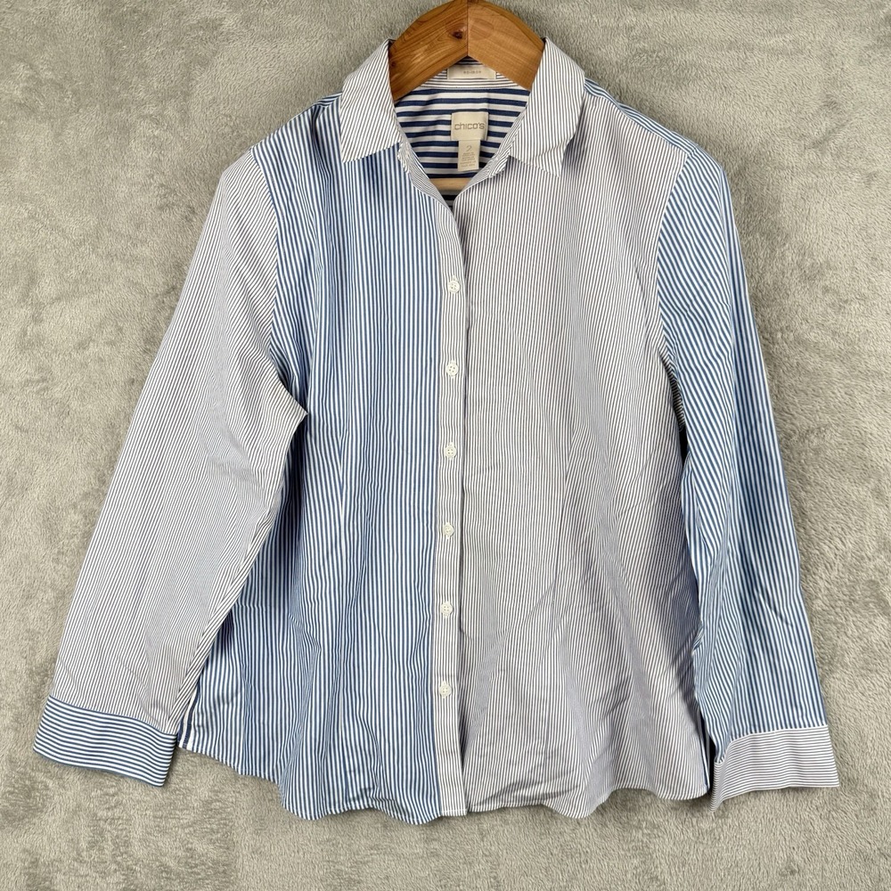 Chicos Button Up Shirt Women 2 Large Blue Striped 100% Cotton L/S Collared Basic